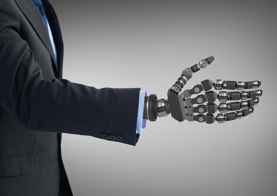 Digital composition of business man with robot hand against grey