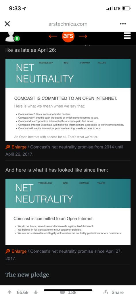 Comcast net neutrality statement