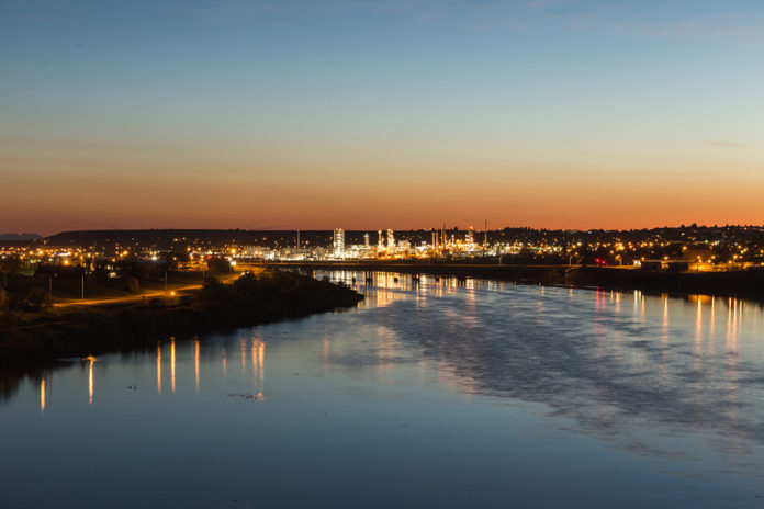 City lights of Great Falls Montana over the Missouri River.