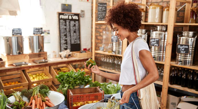 Spending Habits by Generation, Plus Plant-based Eating and Sustainability Trends: IRI Survey Woman Buying Fresh Fruit And Vegetables In Sustainable Plastic F