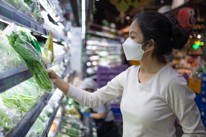 Portrait Asian Woman Wearing A Protective Mask Buying Organic Ve