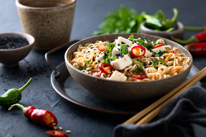 Asian Noodle Soup, Ramen With Tofu And Vegetables In Ceramic Bow