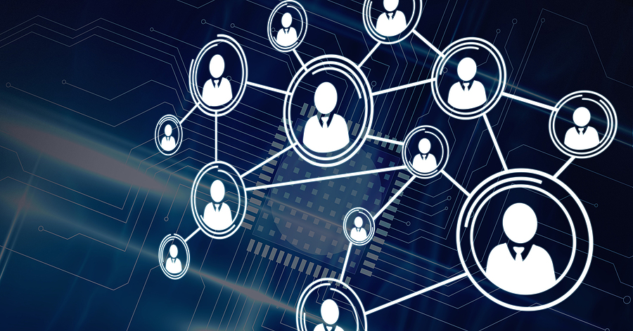 Composition of network of digital people icons over processor ci