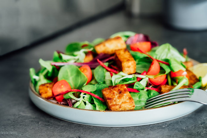 Healthy Salad With Roasted Tempeh, Fresh Cherry Tomatos, Beetroo
