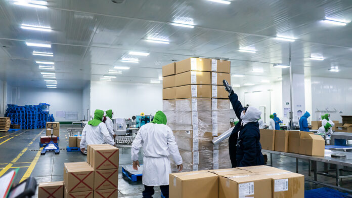 Latino Workers Packing And Securing Cardboard Boxes At A Food Pr