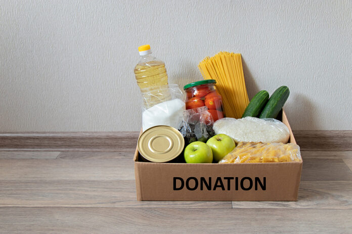 Donation Box With Food Supply, Canned Food, Cereals, Vegetables