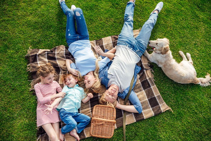 Top View Of Happy Young Family With Golden Retriever Dog Resting