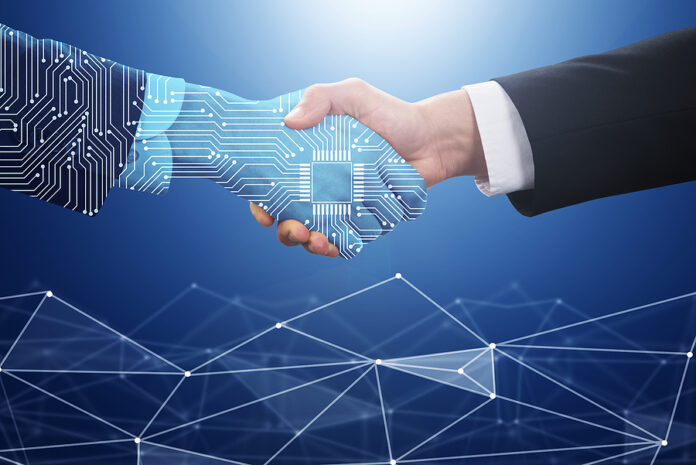 Businessperson Shaking Hand With Digital Partner Over Futuristic