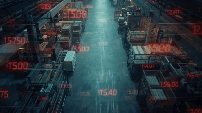 A food manufacturing facility floor with a faint overlay of financial spreadsheet data Food Manufacturing Facility
