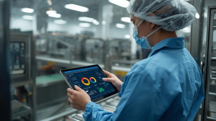 A quality assurance professional in a food manufacturing facility reviewing a digital tablet displaying real-time data dashboards