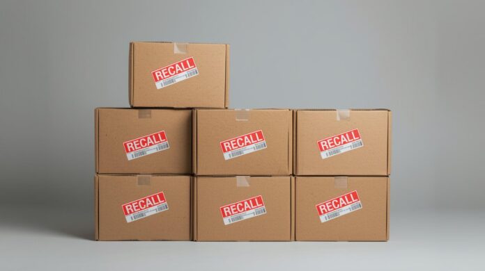 Boxes of food product with a _RECALL_ notice
