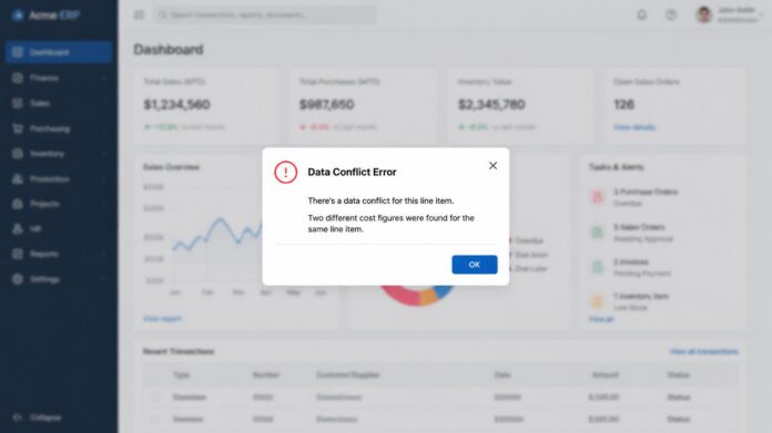 ERP dashboard screen with a error message